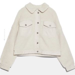 Zara off white / ivory cropped denim faux sheath / fleece jacket, size M